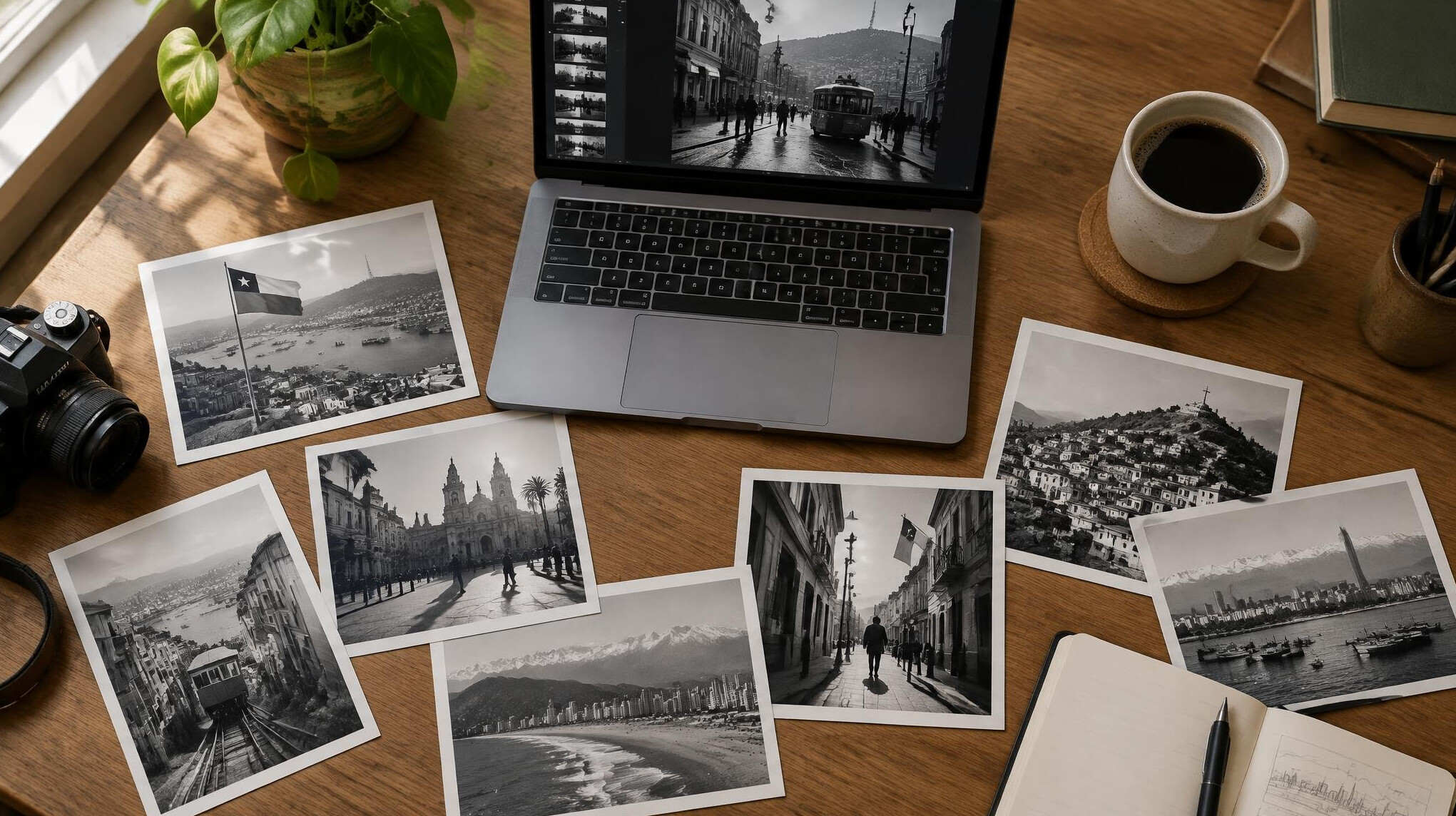 Person editing urban photographs on a laptop with printed photos on a wooden desk