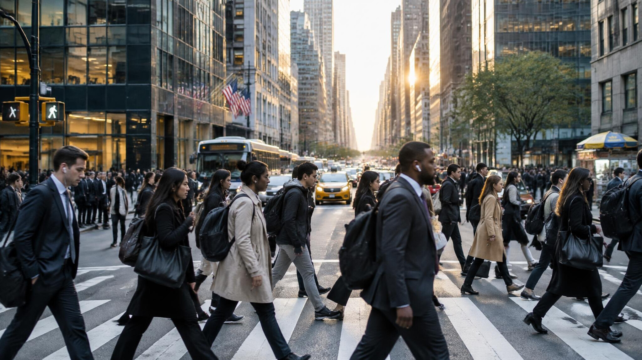 people commuting on busy city street