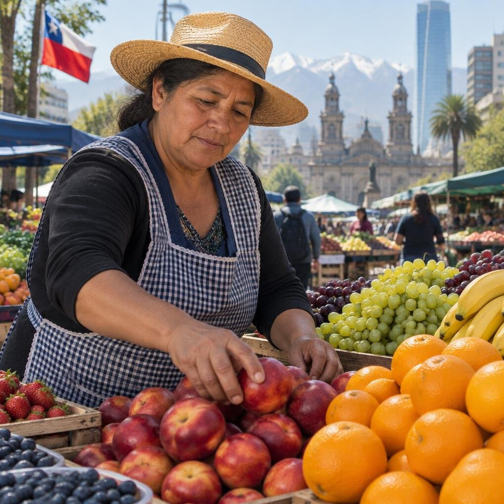Chilean market vendor arranging fruit at a street stall