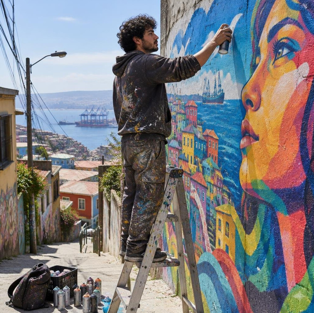 Chilean street artist painting a mural on a city wall