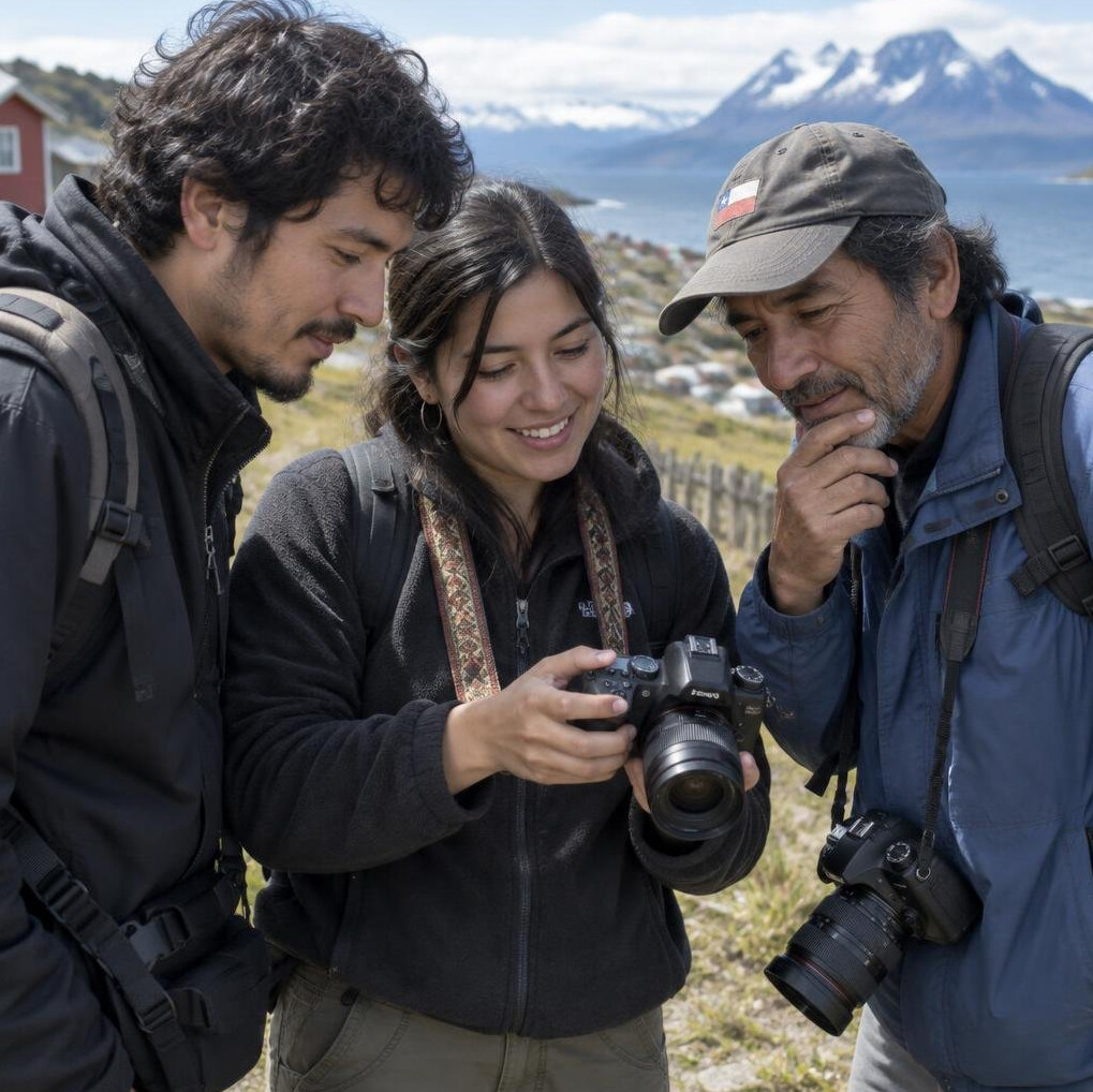 Team of Chilean documentary photographers reviewing photos together outdoors